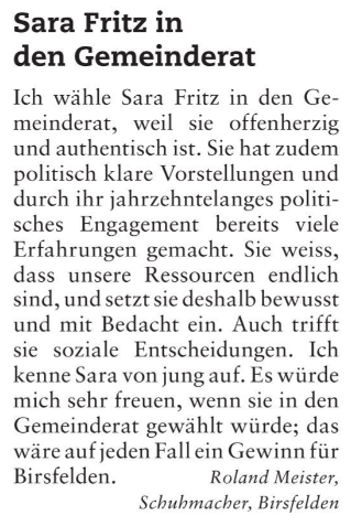 Leserbrief zu Sara Fritz von Roland Meister